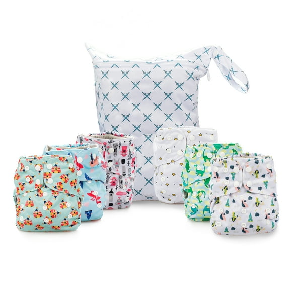 Simple Being Reusable Cloth Diapers, Double Gusset, One Size Adjustable, Washable Soft Absorbent, Waterproof Cover, Eco-Friendly Unisex Baby Girl Boy, six 4-Layers Microfiber Inserts