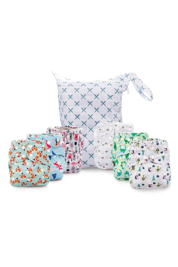 Reusable Cloth Diapers, Double Gusset, One Size Adjustable, Washable Soft Absorbent, Waterproof Cover, Eco-Friendly Unisex Baby Girl Boy, six 4-Layers Microfiber Inserts