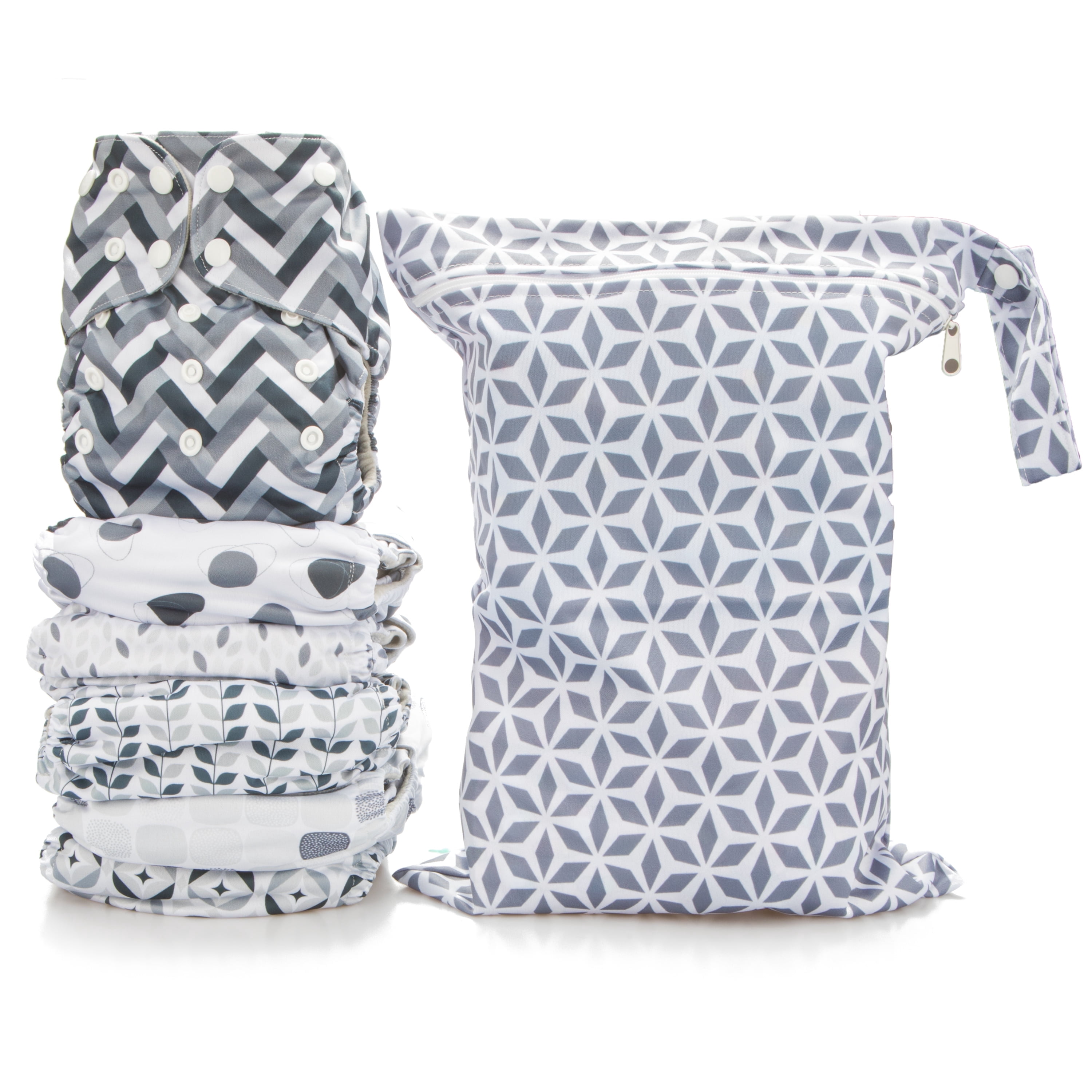 Simple Being Reusable Cloth Diapers, Double Gusset, Adjustable, Waterproof Cover, Washable, Eco-Friendly, 4-Layer Microfiber Inserts, Greys, 6-Pack