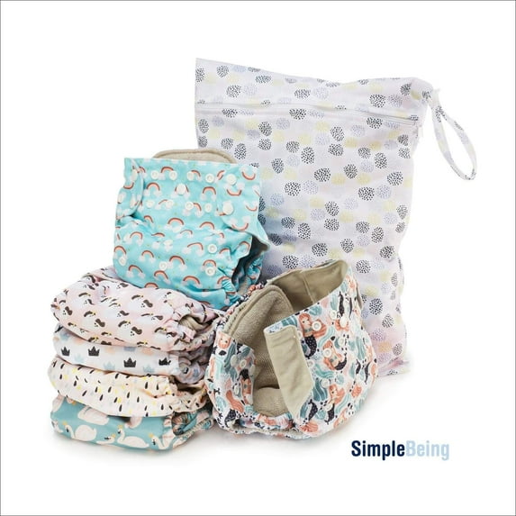 Simple Being Reusable Cloth Diapers- One Size Adjustable, Washable Soft Absorbent, Waterproof Cover, Eco-Friendly Unisex Baby Girl Boy, six 4-Layers Microfiber Inserts (Whimsical)