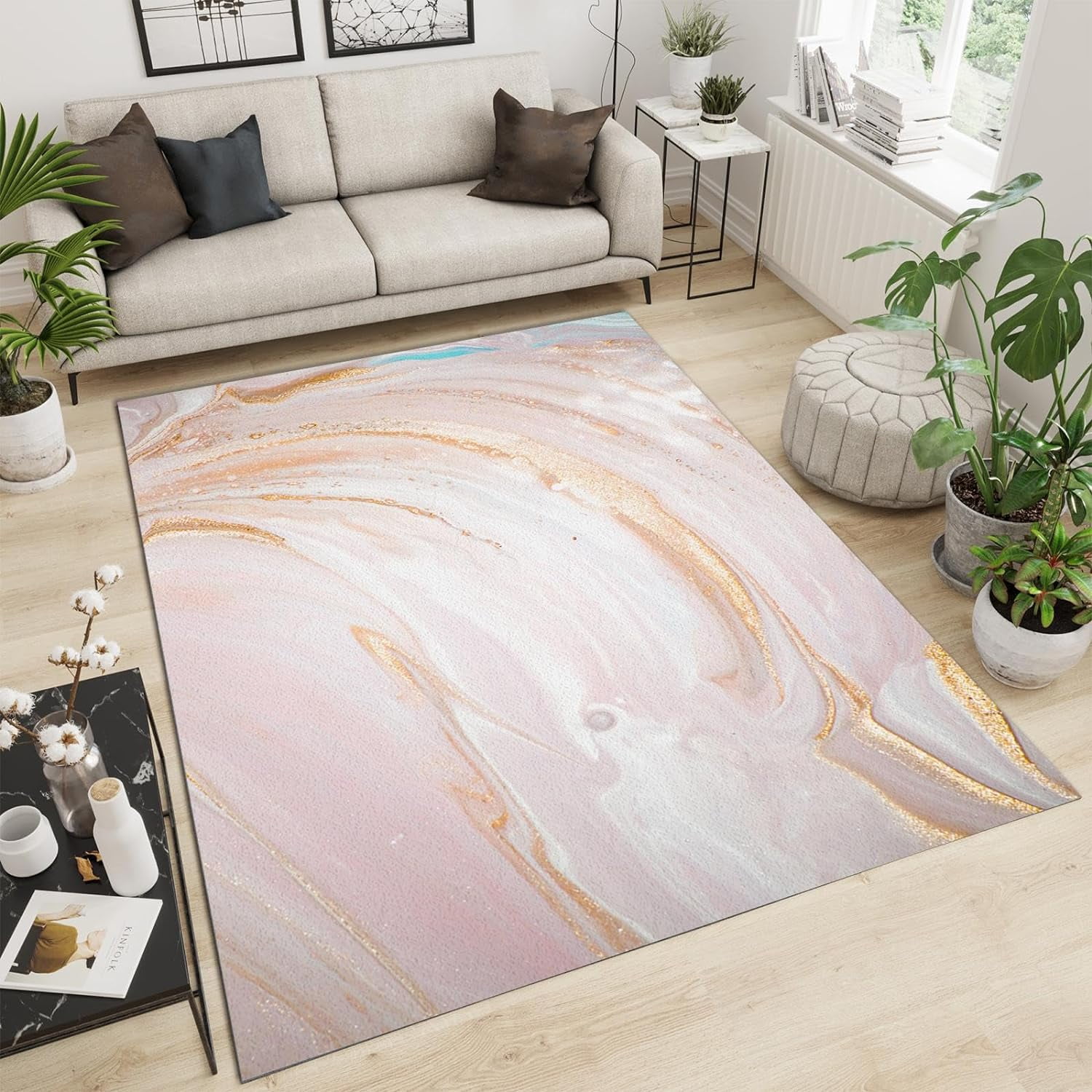 Simple Rose Gold Area Rug, Modern Abstract Fluid Art Area Carpet