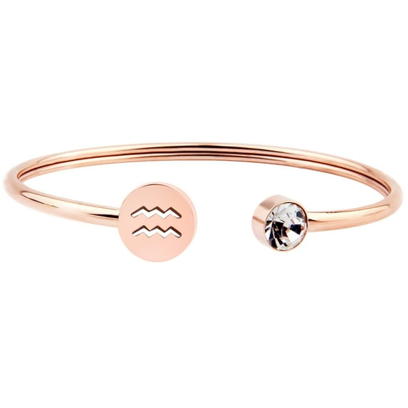 Simple Rose Gold Zodiac Sign Cuff Bracelet with Birthstone Birthday Gift for Women Girls(Aquarius)