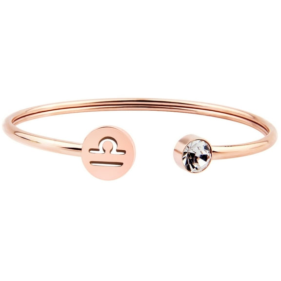 Simple Rose Gold Zodiac Sign Cuff Bracelet with Birthstone Birthday Gift for Women Girls(Libra)