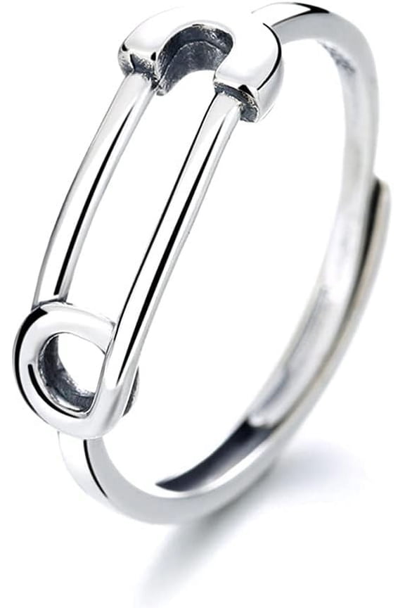 Simple Safety Pin Open Finger Band Sterling Silver 925 Adjustable Minimalist Paperclip Statement Stackable Ring Knuckle Eternity Rings Tail Ring Cute Jewelry Gifts for Women Birthday BFF