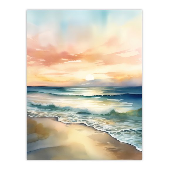 Simple Serene Seashore Sunset Scarlet Sky Sublime Scenic Seascape Large Wall Art Poster Print Thick Paper 18X24 Inch