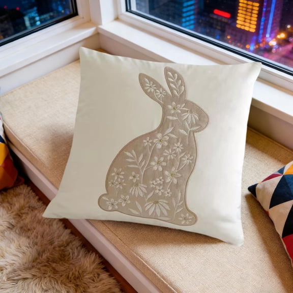 Simple Series Easter Rabbit Printed Pillow Cover - Cute Bunny Pattern Sofa Cushion Cover for home Decor, Durable Washable Pillowcase for Living Room & Bedroom, Festive Accent, 18*18in, White