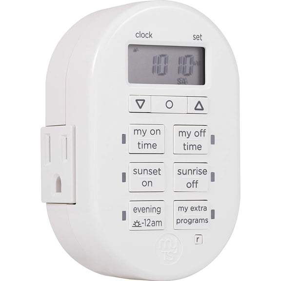 Simple Set 7-Day Digital Timer, 2 Grounded Outlet Timer, Sunrise-Sunset Indoor Timer Outlet, Programmable ON/OFF Plug Timer, 125V Light Timer, Lamp Timer, Seasonal Lights, White, 35150