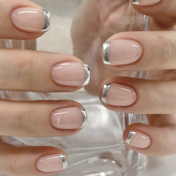 Simple Silver French Edge Press-On Nails, Short Square False Nail Tips