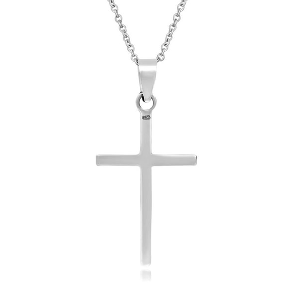 Simple Sleek Christian Cross .925 Sterling Silver Pendant Necklace