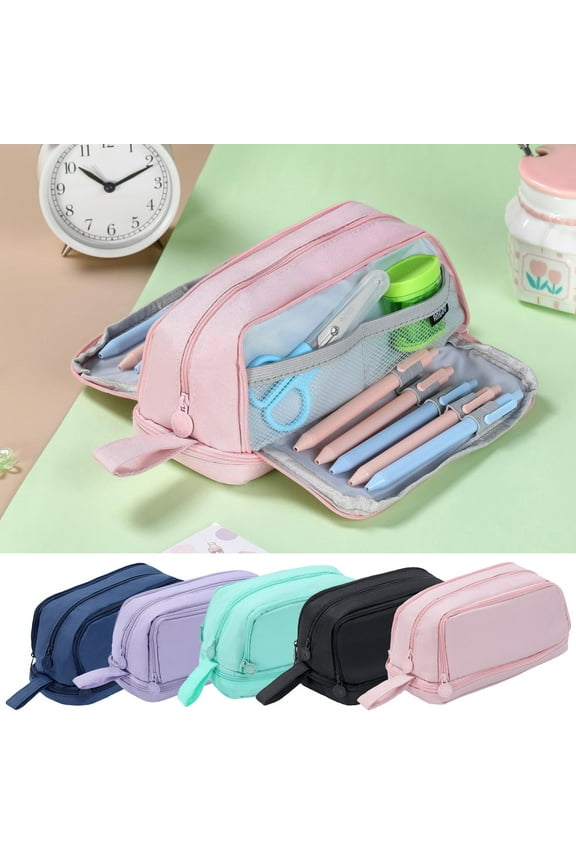 Simple Solid Color Four-View Window Case, Large Capacity Multifunctional Stationery Bag for Primary, Anti-Dirt and Washable Fabric for Easter Basket, Markers and Supplies, 9*4*3in, Navy