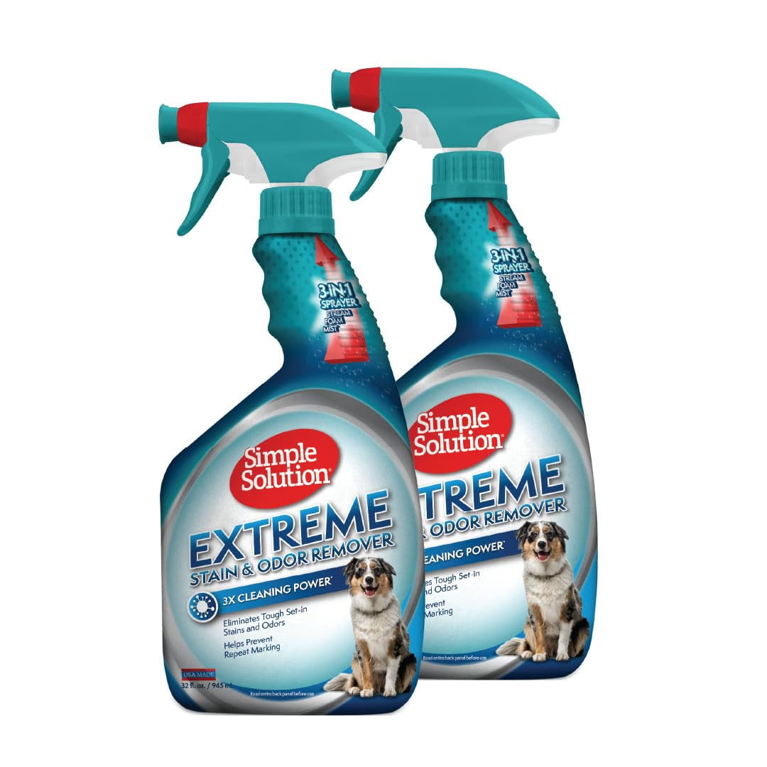 Simple Solution Extreme Pet Stain and Odor Eliminator, Enzyme Dog Urine Odor Neutralizer, Pet Carpet Stain Remover, Strong Pet Spray for Pee Cleaner Spot Treatment, Rug Deodorizer, 32 oz (Pack of 2)
