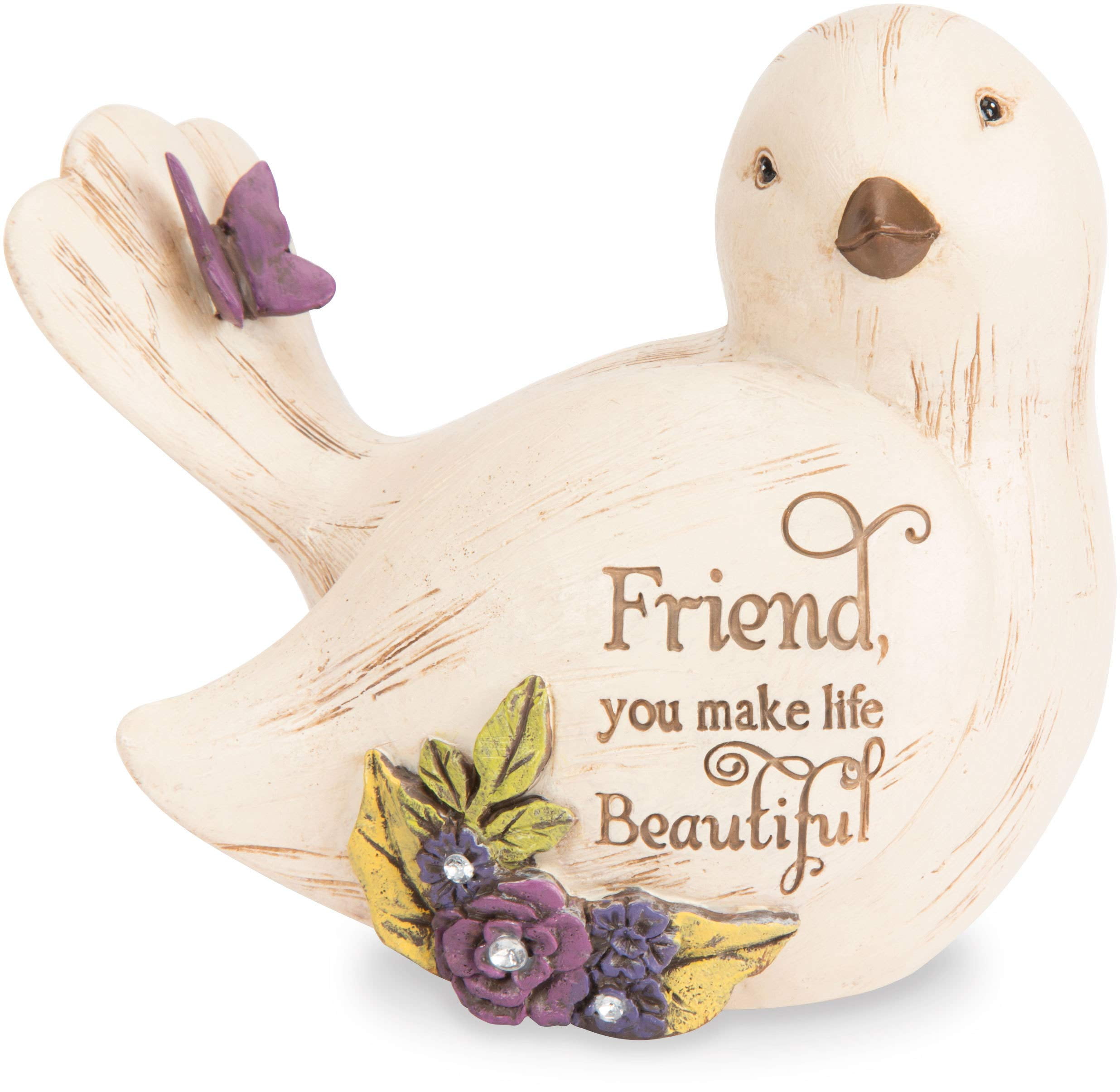Off-White Resin Bird Figurine with Purple Flowers