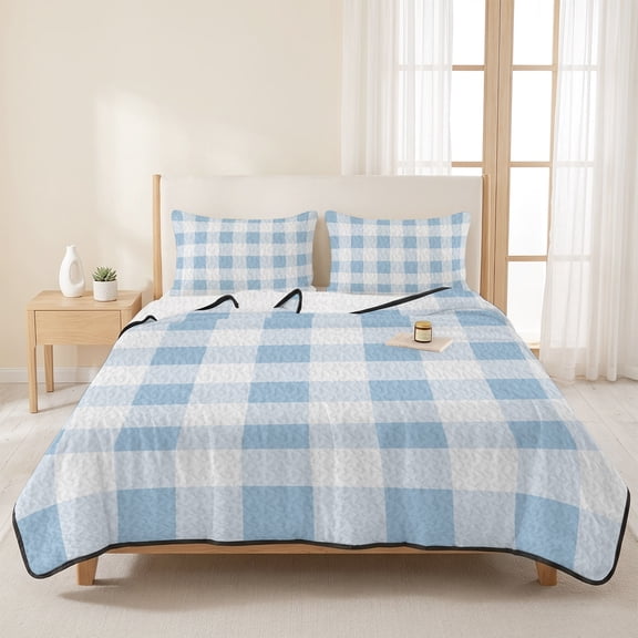 Simple Spring Blue White Lattice 3 Pieces Quilt Set,1 Quilt with 2 Shams,Farmhouse Simplistic Gingham Bedspread Soft Lightweight Bedding Coverlet Comforter Set for All Season 96"x106"