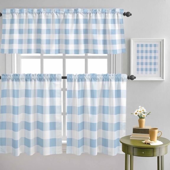 Simple Spring Blue White Lattice Curtain Tier and Valance Set 3 Piece, Farmhouse Simplistic Gingham 3-inch Rod Pocket Window Tier Curtains Valance for Kitchen Living Room