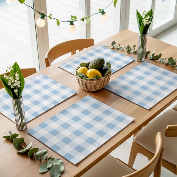 Simple Spring Blue White Lattice Placemats Set of 4,Wipeable Washable Table Mats for Dining Tables, Farmhouse Simplistic Gingham Place Mats for Kitchen Event Party Tabletop Decor