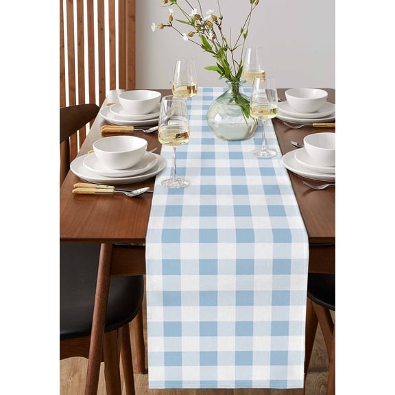 Simple Spring Blue White Lattice Table Runner 13x36in Non-Slip Cotton Linen Table Runners, Farmhouse Simplistic Gingham Dresser Scarves TableRunner for Dinner Kitchen Dining Wedding Party