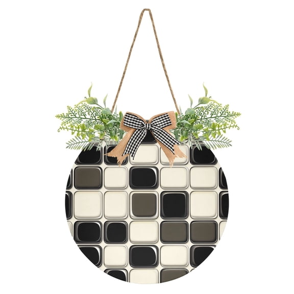 Simple Square Pattern Front Door Porch Decoration Hanging Sign with Artificial Green Plants and Bow for Home Outdoor Indoor