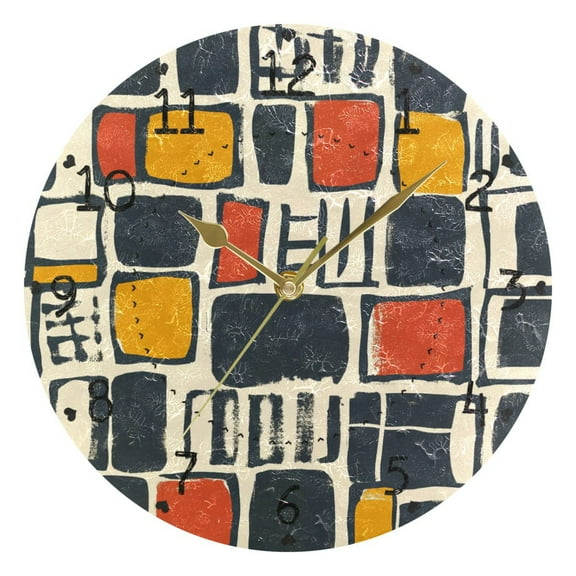 Simple Squares and Rectangles Round Wall Clock Silent Battery Operated Home Decor for Living Room Bedroom
