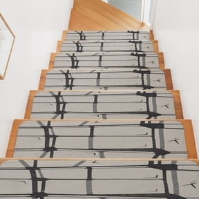 Simple Stair Treads Non Slip for Steps Irregular Brown Stripes Plaid Abstract Artistic Retro 4 Pcs Reusable Adhesive Stair Runner Mats for Dogs Elders Carpet Treads Rugs for Staircase 8x30 In