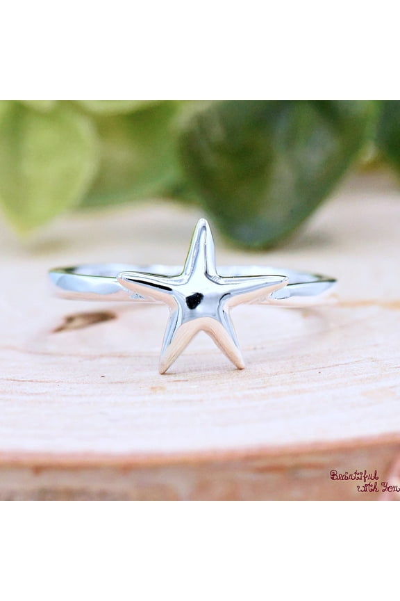 Simple Starfish Solitaire Ring Silver, 925 Sterling Silver Starfish Ring, Ocean Theme Womens Starfish Ring Band, Summer Jewelry Ring Size 10