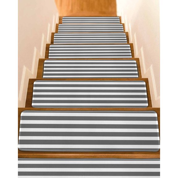 Simple Stipe Stair Treads Non Slip for Steps Grey and White 7 Pcs Reusable Adhesive Stair Runner Mats for Dogs Elders Carpet Treads Rugs for Staircase 8x30 In