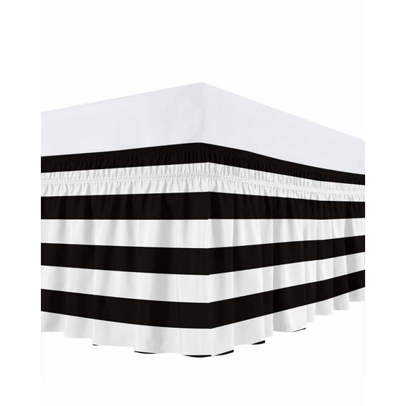 Simple Stripe Bed Skirt King Size 16" Drop Black and White Ruffled Wrap Around Bed Skirts Adjustable Elastic Bedskirt Dust Ruffle for King Size Bed