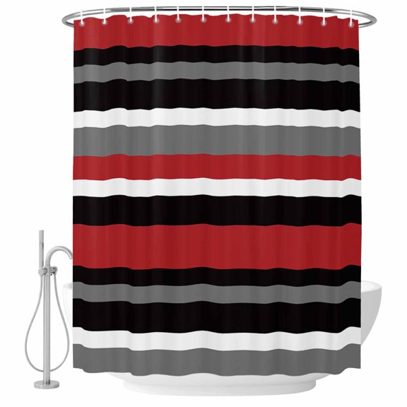 Simple Stripe Fabric Shower Curtain Red And Black Geometric Pattern Washable Shower Curtains for Bathroom, Waterproof Bath Curtain with Hooks Home Decor 72x72in