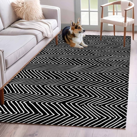 Simple Striped 4'x6' Rug for Dining Table for 4 People Under Table, White Black Stripes Art Deco Vintage Washable Non Slip Rectangle Area Rug