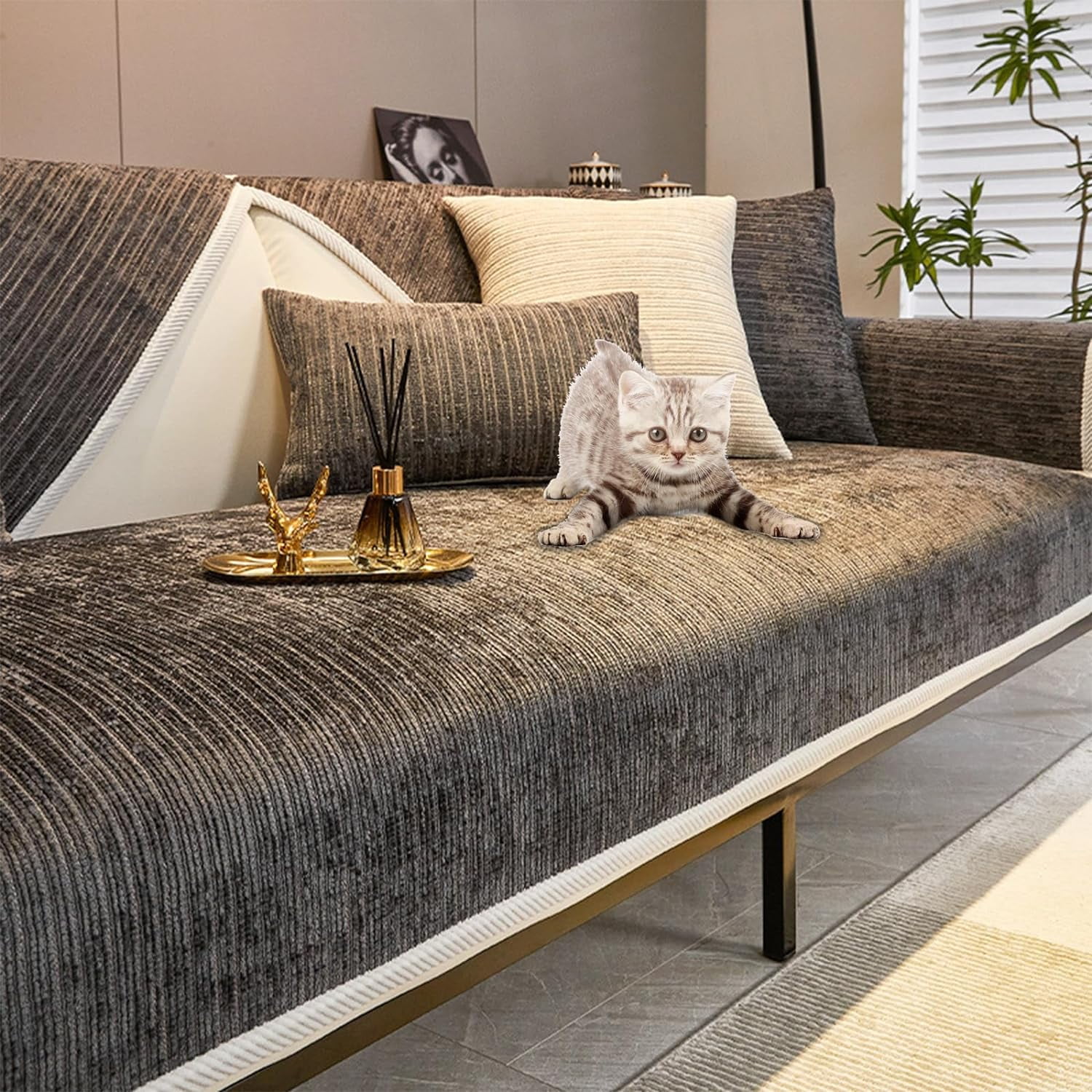 Simple Striped Chenille Anti Scratch Couch Cover,Soft Chenille Sofa