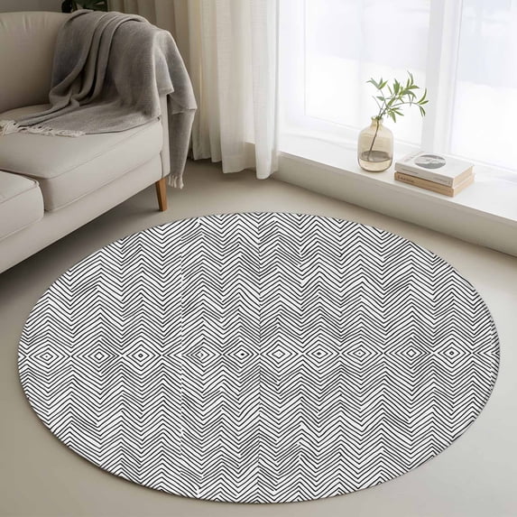 Simple Striped Round Living Room Rugs 4 ft, Art Deco White Black Stripes Vintage Washable Area Rug with Non-Slip Sturdy Edge Binding Round Carpet for Entryway Kitchen Bedroom Bathroom