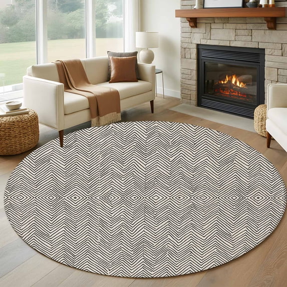 Simple Striped Round Living Room Rugs 7 ft, Brown Black Stripes Art Deco Vintage Washable Area Rug with Non-Slip Sturdy Edge Binding Round Carpet for Kitchen Office Bedroom