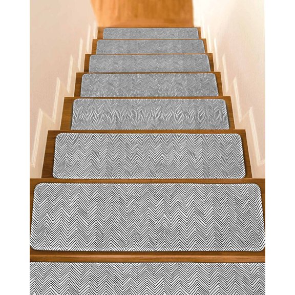 Simple Striped Stair Treads Non Slip for Steps Art Deco White Black Stripes Vintage 7 Pcs Reusable Adhesive Stair Runner Mats for Dogs Elders Carpet Treads Rugs for Staircase 8x30 In