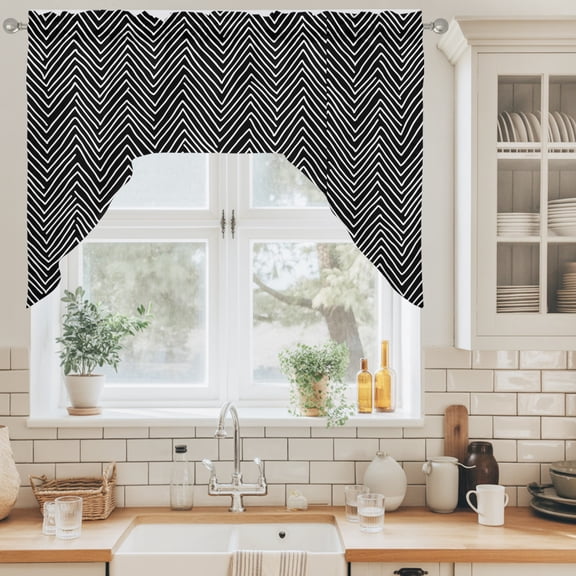 Simple Striped Swag Curtain Valance for Windows, White Black Stripes Art Deco Vintage Swag Curtains Drapes Rod Pocket for Kitchen Bathroom Small Window, 1 Panel 56x36in