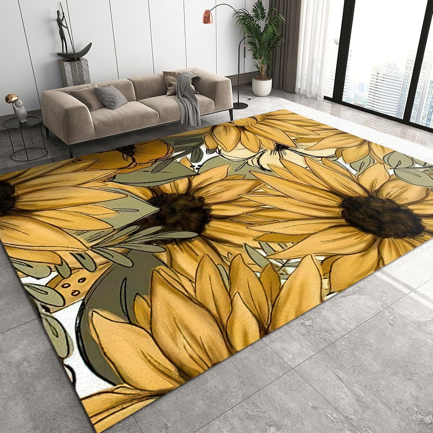 Simple Style Area Rugs, Hand Drawn Blooming Yellow Sunflower Sofa ...