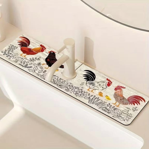 Simple Style Dish Drying Mat with Farmhouse Roosters Design - Non-Slip Rubber Kitchen Sink Protector, 14.96x5.51 inches, Easy to Clean, Ideal for Kitchen and Bathroom Use