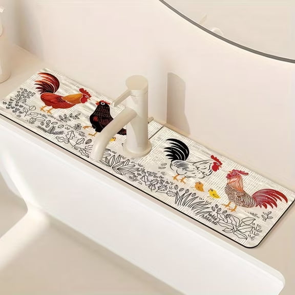Simple Style Dish Drying Mat with Farmhouse Roosters Design - Non-Slip Rubber Kitchen Sink Protector, 14.96x5.51 inches, Easy to Clean, Ideal for Kitchen and Bathroom Use