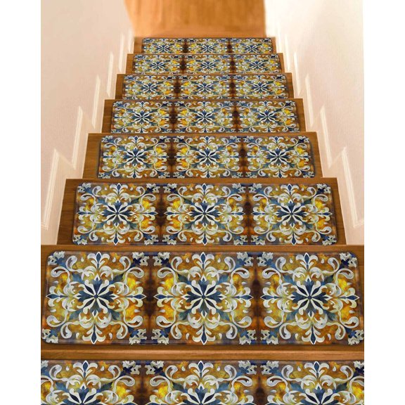 Simple Style Flowers Non-Slip Stair Treads for Wooden Steps Abstract Artistic Display Indoor Carpet Stair Runners 4PCS 8x30 in with Adhesive for Pets and Seniors