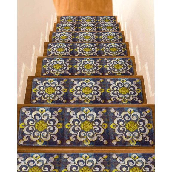Simple Style Non-Slip Stair Treads for Wooden Steps Yellow Flowers Impressionist Artwork Indoor Carpet Stair Runners 10PCS 8x30 in with Adhesive for Pets and Seniors