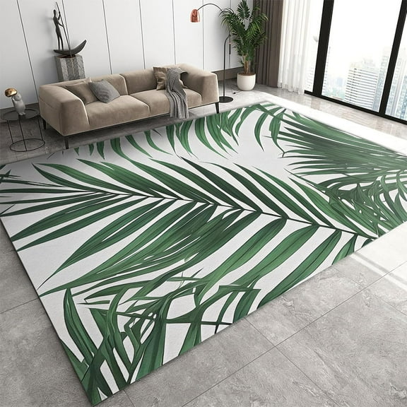 Simple Style Small Area Rugs, Tropical Rainforest Plant Green Palm Leaf Carpet for Living Room, Non-Slip Backing Foldable Short Pile Rug for Bedroom Dorm Room Decor Mats 2ft x 3ft