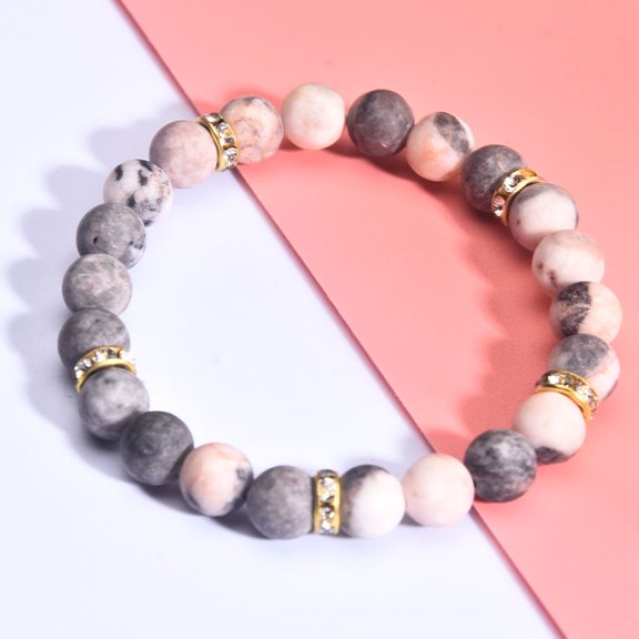 Simple & Stylish Women's Bracelet with Heart Charm - Frosted Pink Zebra or Striped Agate