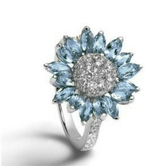 Simple Sunflower Ring for Women with Light Blue Zircon Alloy Inlaid Artificial Gemstone Diamond Treatment