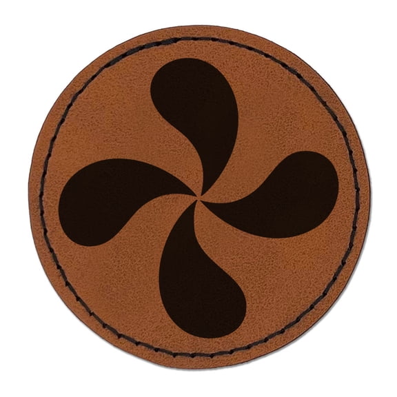 Simple Swirling Flower Round Iron-On Engraved Faux Leather Patch Applique - 2.5 Inch - Brown