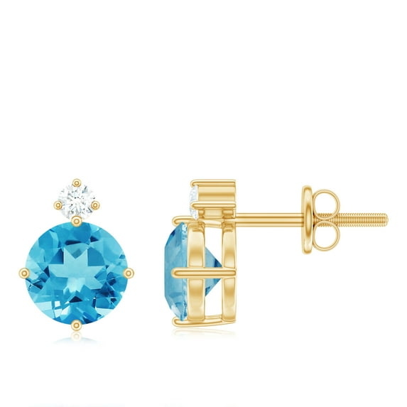 Simple Swiss Blue Topaz Stud Earrings with Moissanite, 6 mm Round Cut Blue Topaz Solitaire Stud Earrings (2.25 CT, AAA Quality, Rosec Jewels), 18K Yellow Gold