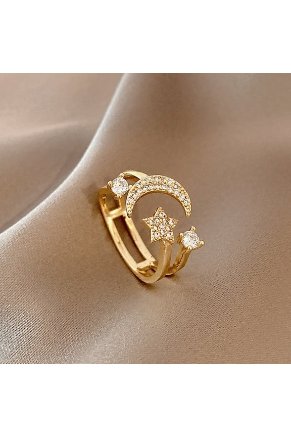Womens Adjustable Star Ring and Moon Ring Copper Alloy with Gem Inlay Gold Zircon Celestial Jewelry Exclusive