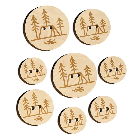 Simple Tent Camping in Woods Wood Buttons for Crochet Knitting Sewing DIY Craft - 1.00 Inch Medium (7pcs)