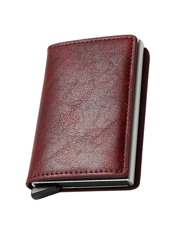 Simple Toggle Wallets for Men,Men's Simple Leather Wallet,Wallet with Smart Metal Pop Up Credit Card Holder,Credit Card Holder Anti-Theft, Minimalist, Front Pocket, ID Window(Red)