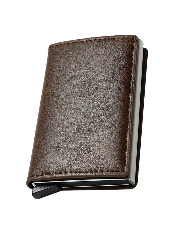 Simple Toggle Wallets for Men,Men's Simple Leather Wallet,Wallet with Smart Metal Pop Up Credit Card Holder,Credit Card Holder Anti-Theft, Minimalist, Front Pocket, ID Window(Coffee)