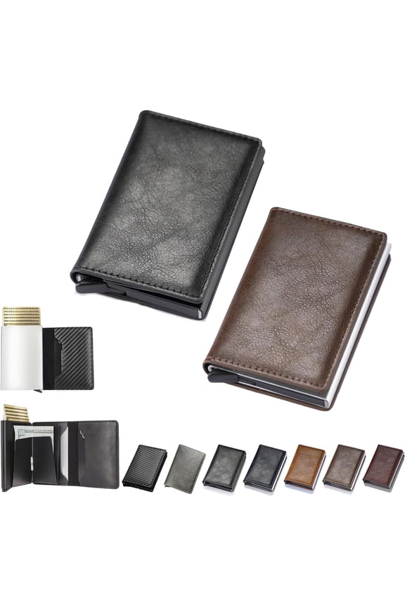 Simple Toggle Wallets for Men,Credit Card Holder Anti-Theft, Auto Pop up Wallets (Black+Brown)