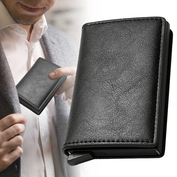 Simple Toggle Wallets for Men, Pop up Men's Simple Leather Wallet Blocking, Credit Card Holder Anti-Theft, Minimalist, Front Pocket, Black