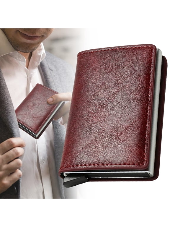 Simple Toggle Wallets for Men, Pop up Men's Simple Leather Wallet Blocking, Credit Card Holder Anti-Theft, Minimalist, Front Pocket, Red